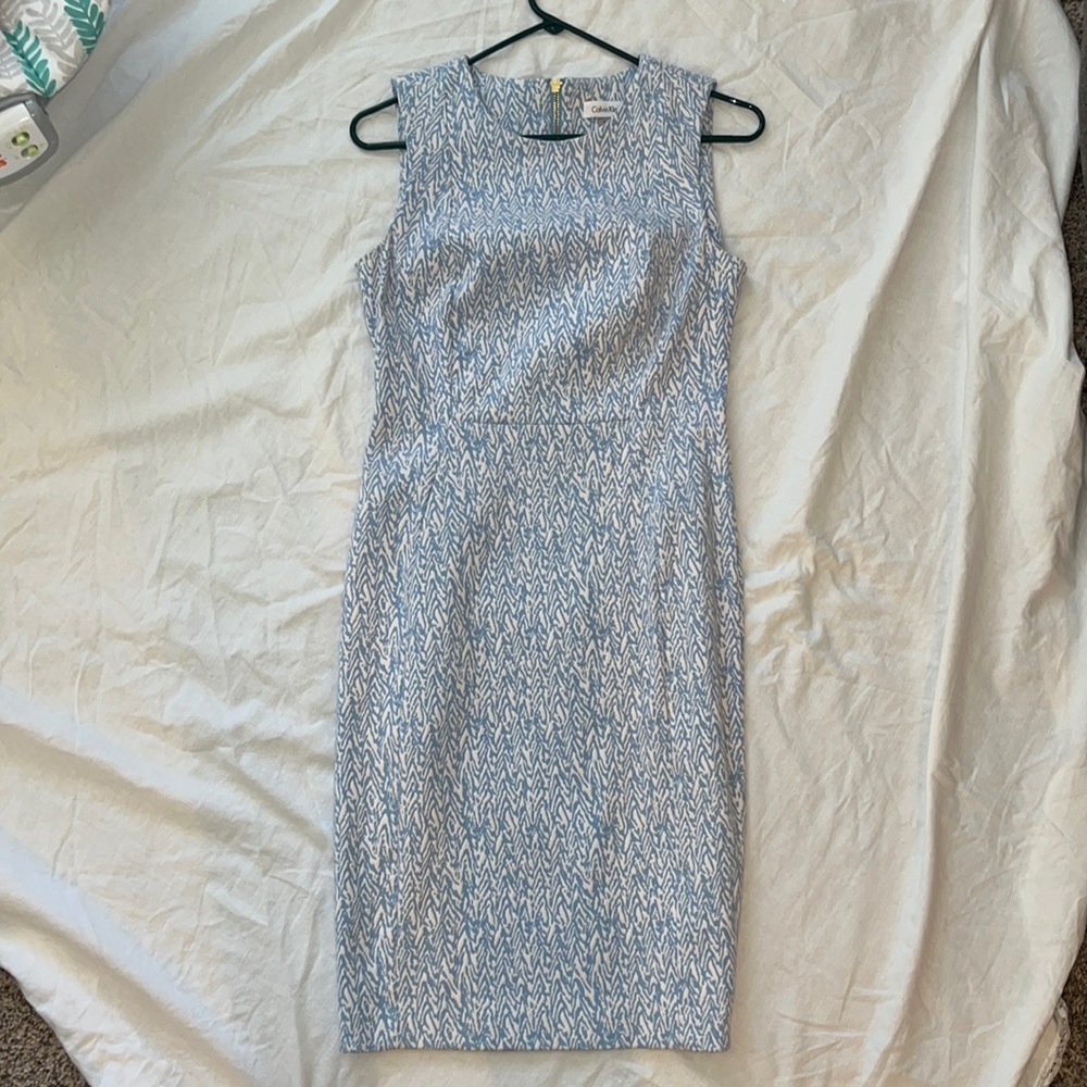 Calvin Klein size 6 blue and white fitted dress.